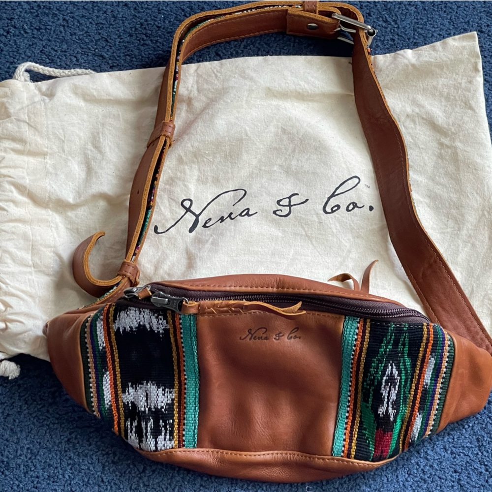 Nena & Co. Brown Leather Crossbody with Green and Black Woven Panels
